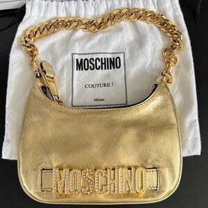Moschino Metallic Gold Crystal-Logo Shoulder Bag